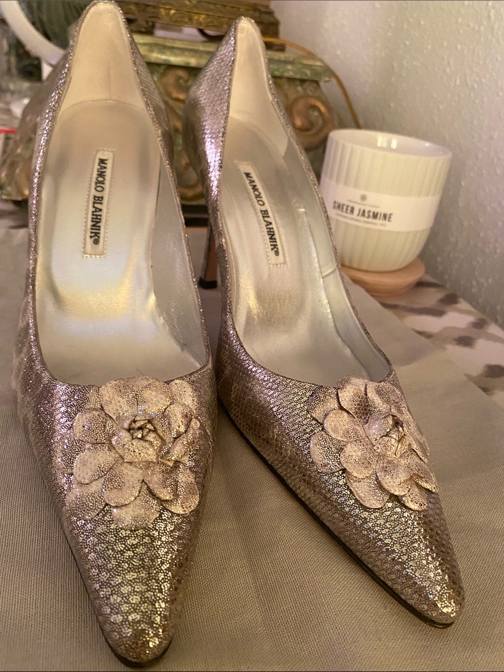 Manolo Blahnik Metallic Pointed-Toe Pumps with Floral Appliqué